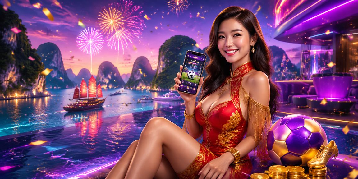 Màn hình cá cược bóng đá neon với phông nền vịnh Hạ Long về đêm